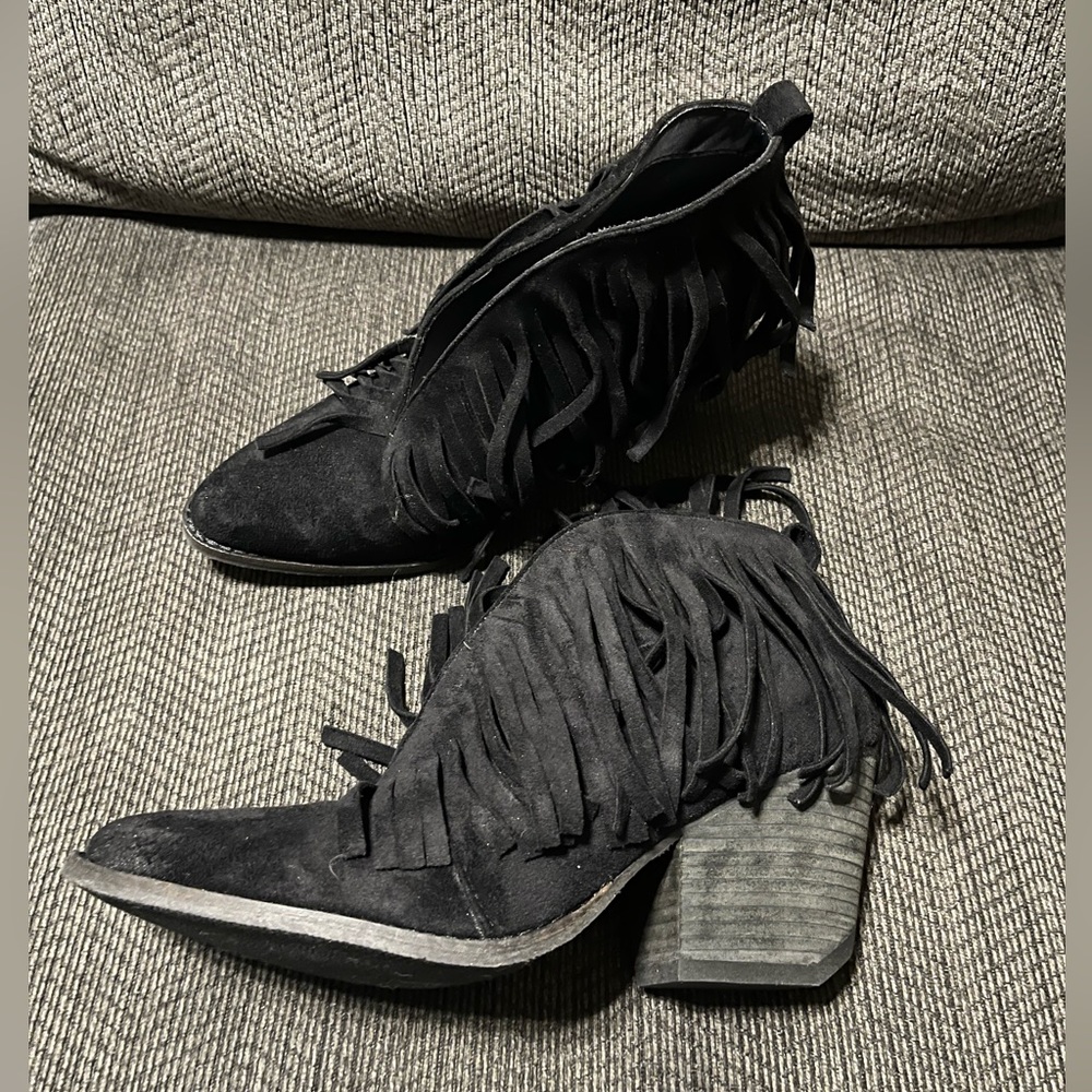 Women’s black fringe booties. Size 9.